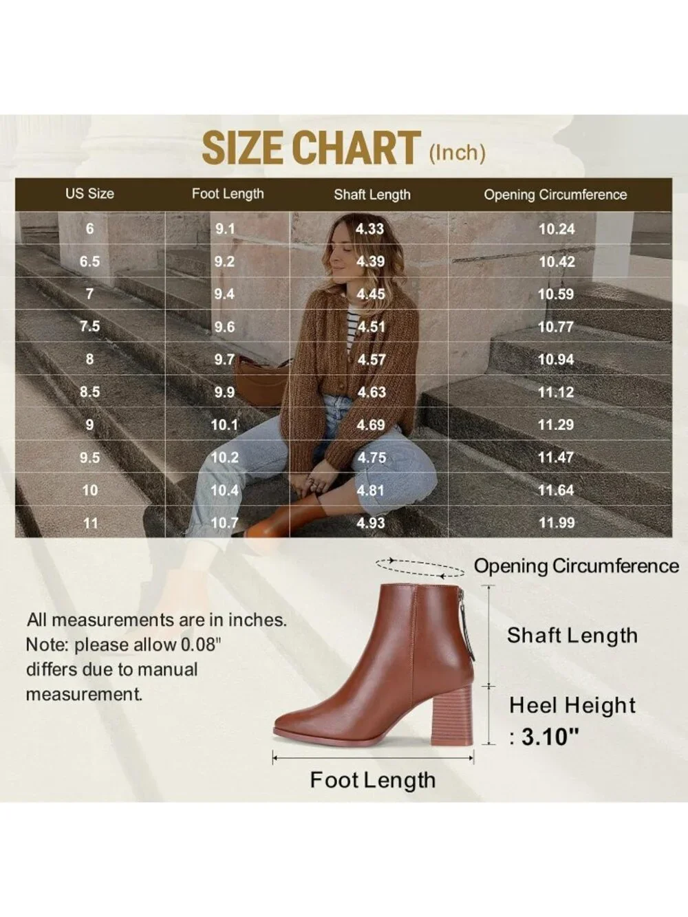 Women’s Mocha Brown Pointed Toe Ankle Boots Chunky Block Heel Bootie With Zipper